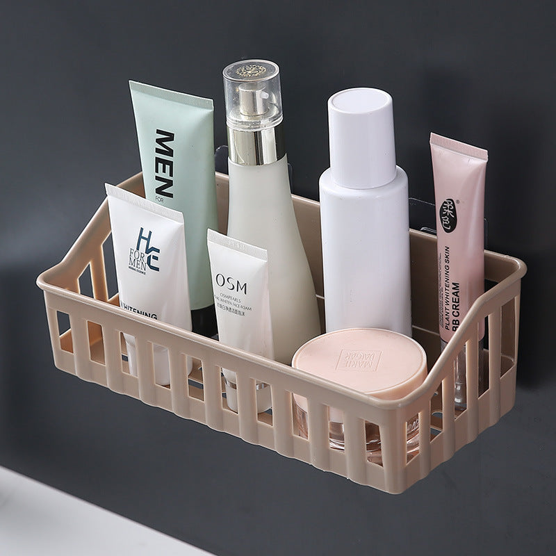 Simple wall-mounted bathroom organizer for toiletries and cosmetics; easy to install without drilling, clutter-free design.