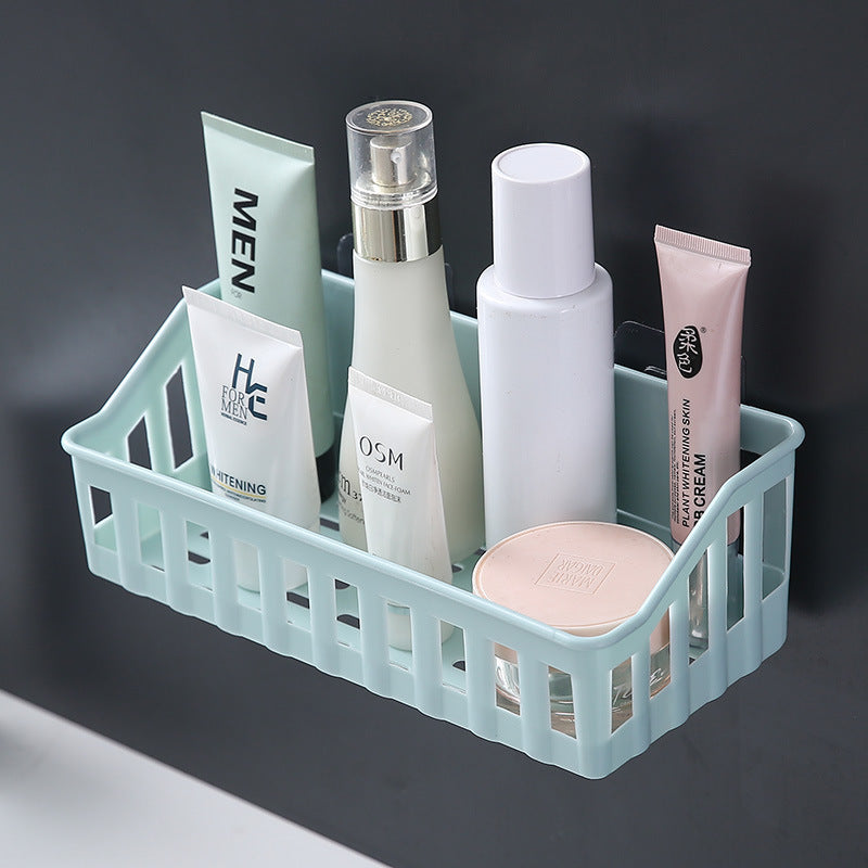 Simple wall-mounted bathroom organizer for toiletries and cosmetics; easy to install without drilling, clutter-free design.