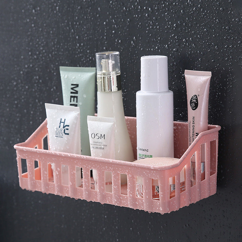 Simple wall-mounted bathroom organizer for toiletries and cosmetics; easy to install without drilling, clutter-free design.