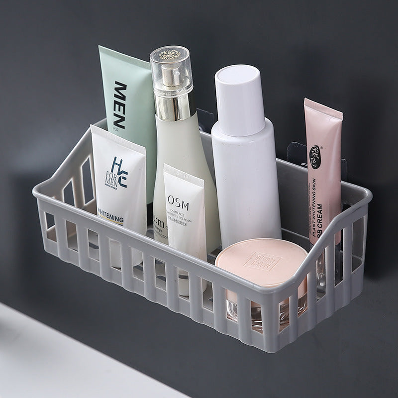 Simple wall-mounted bathroom organizer for toiletries and cosmetics; easy to install without drilling, clutter-free design.