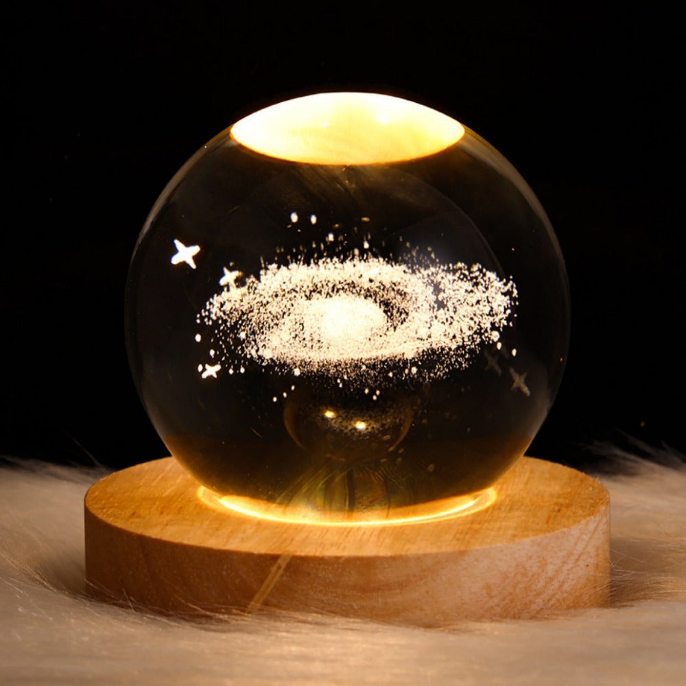 1pc 3D crystal ball night light with a planet series design and USB plug-in wooden base makes a perfect decoration for the bedroom or office, and a great gift for friends or a back-to-school party.