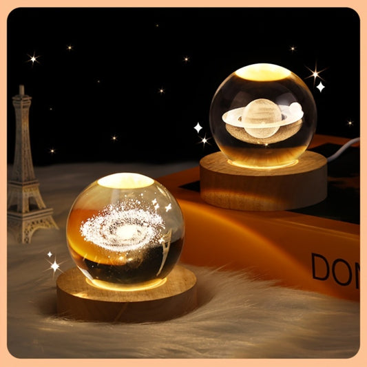 1pc 3D crystal ball night light with a planet series design and USB plug-in wooden base makes a perfect decoration for the bedroom or office, and a great gift for friends or a back-to-school party.