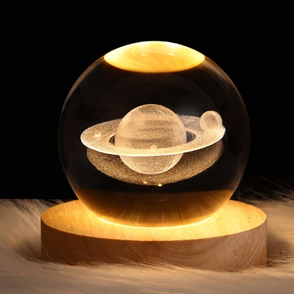 1pc 3D crystal ball night light with a planet series design and USB plug-in wooden base makes a perfect decoration for the bedroom or office, and a great gift for friends or a back-to-school party.