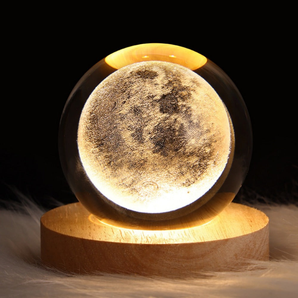 1pc 3D crystal ball night light with a planet series design and USB plug-in wooden base makes a perfect decoration for the bedroom or office, and a great gift for friends or a back-to-school party.