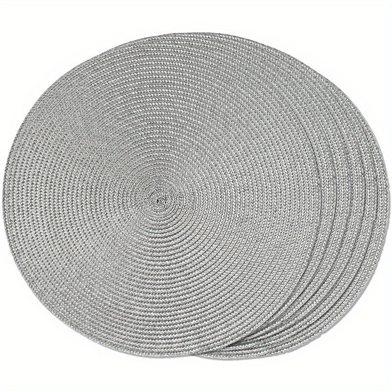 Set of 6 round braided placemats measuring 38.1 cm, perfect for dining tables. Woven, washable, non-slip placemats for home decoration.