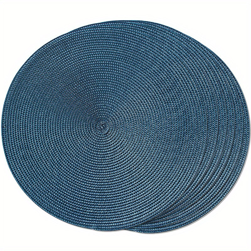 Set of 6 round braided placemats measuring 38.1 cm, perfect for dining tables. Woven, washable, non-slip placemats for home decoration.