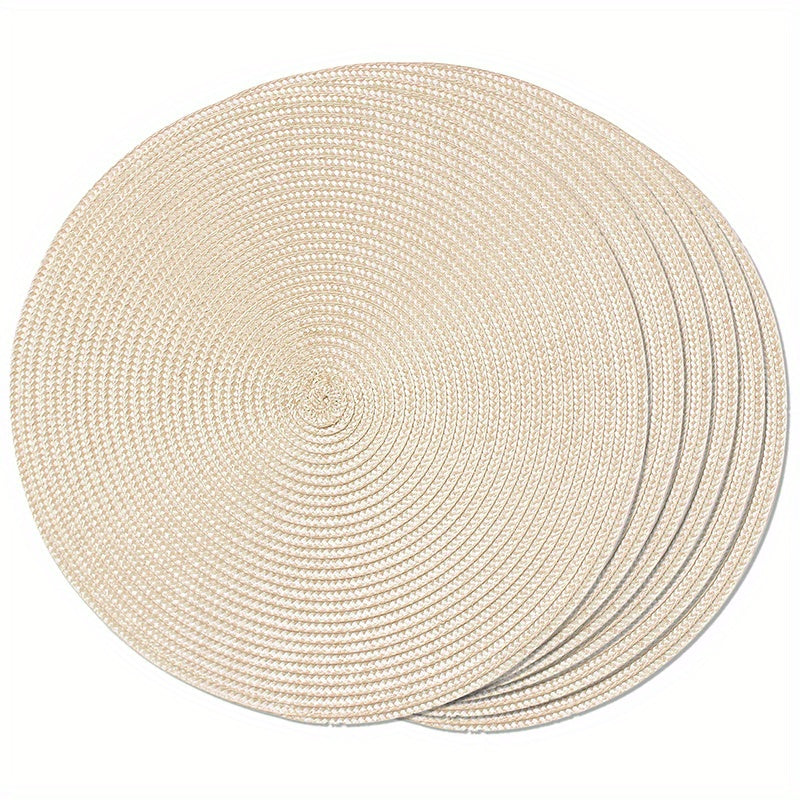 Set of 6 round braided placemats measuring 38.1 cm, perfect for dining tables. Woven, washable, non-slip placemats for home decoration.