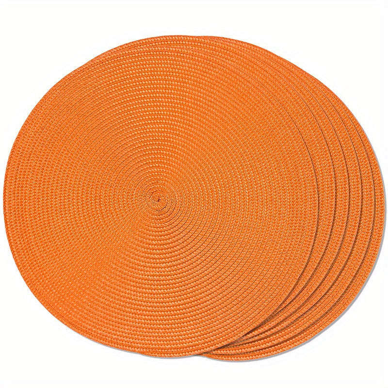 Set of 6 round braided placemats measuring 38.1 cm, perfect for dining tables. Woven, washable, non-slip placemats for home decoration.