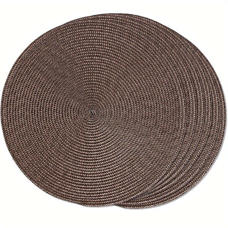 Set of 6 round braided placemats measuring 38.1 cm, perfect for dining tables. Woven, washable, non-slip placemats for home decoration.