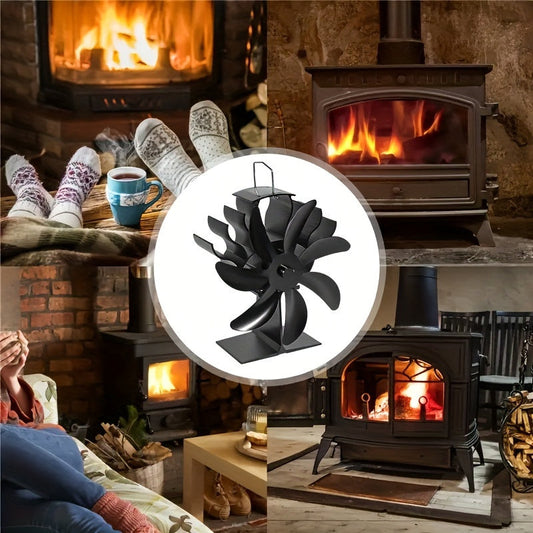 1 Set Aluminum Fireplace Stove Fan with Thermometer - 7-Blade High-Speed Heat Circulator, Rust-Proof Design, Quiet Operation, No Electricity Required for Wood Burning