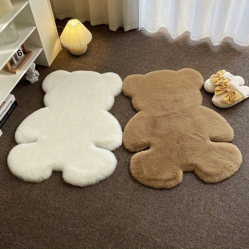 Bear-shaped area rug, featuring a cute animal pattern and fluffy cushioning, designed for softness and comfort. This soft furry throw carpet doubles as an anti-fatigue floor mat, perfect for use in high traffic areas. Ideal for adding a touch of spring