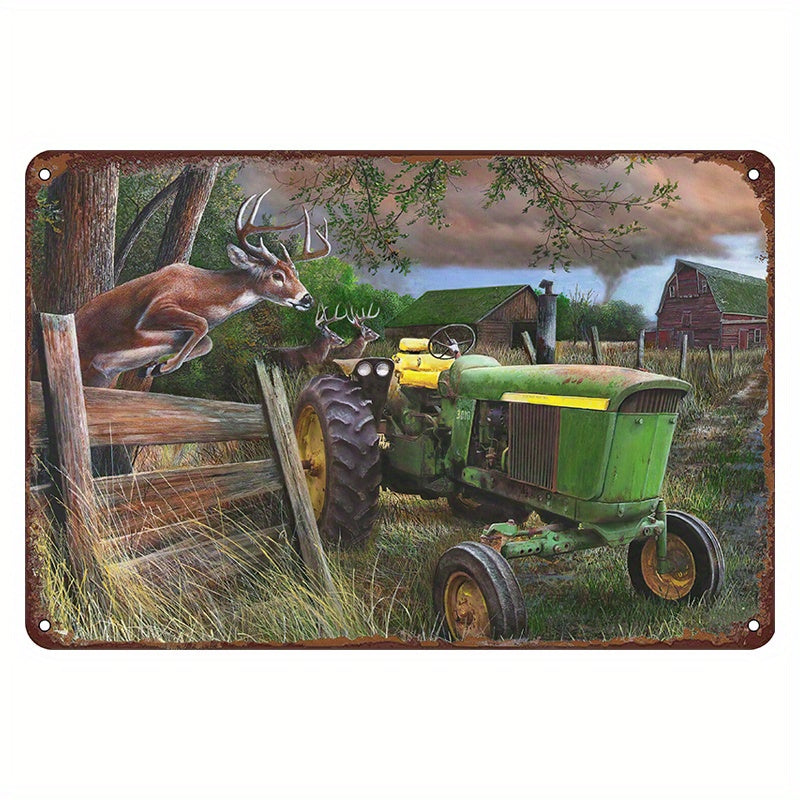 Farm Tractor and Deer Metal Tin Sign, Rustic Farm Art Decor for Home with Farm Tractors Tin Signs