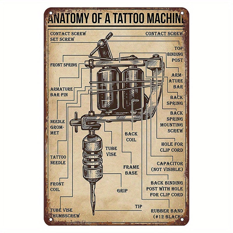 Decorate your tattoo shop or home with this fun and unique Anatomy of a Tattoo Machine tin sign. This metal poster is a perfect addition to your wall art collection, adding a touch of humor and style to any space.