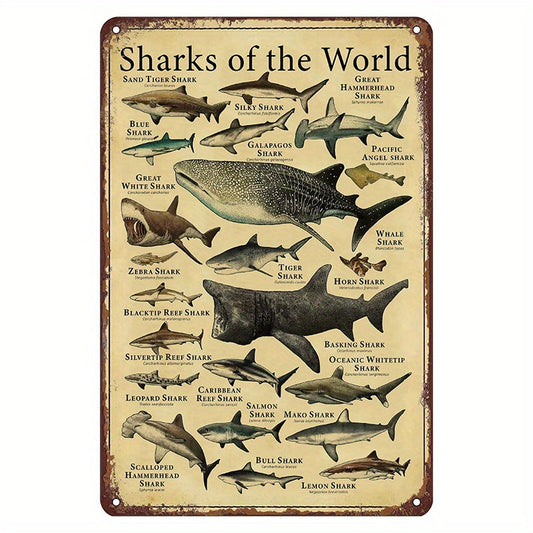 Metal tin sign featuring vintage sharks from around the world, perfect for decorating your home, bar, cafe, or gym. A must-have for any shark enthusiast!