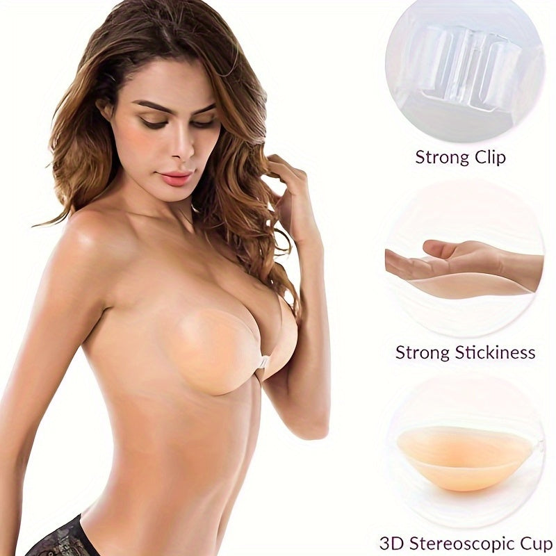 Reusable self-adhesive nipple covers for women, strapless and invisible, with front buckle for lift.