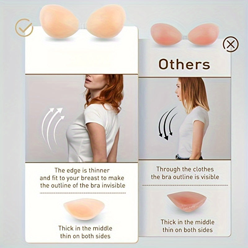 Reusable self-adhesive nipple covers for women, strapless and invisible, with front buckle for lift.