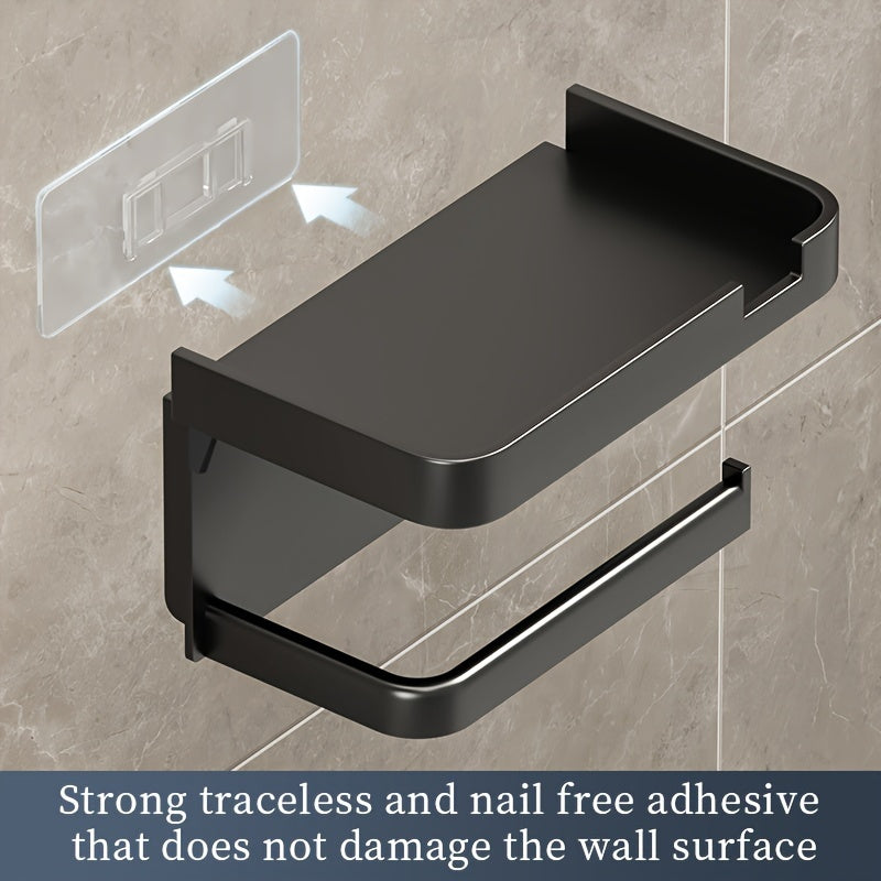 Toilet paper holder in black plastic with drawer, can be wall-mounted. Versatile organizer for bathroom and kitchen, doubles as storage rack. Does not require electricity. Ideal for hotels and includes bathroom accessories.