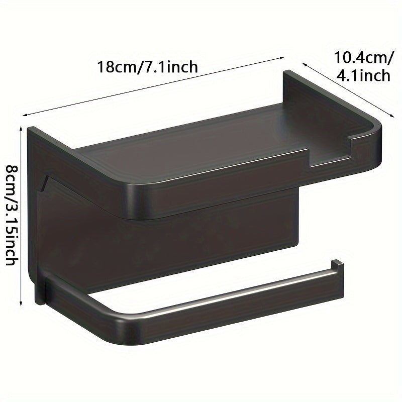 Toilet paper holder in black plastic with drawer, can be wall-mounted. Versatile organizer for bathroom and kitchen, doubles as storage rack. Does not require electricity. Ideal for hotels and includes bathroom accessories.