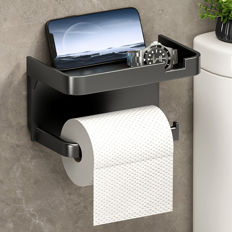 Toilet paper holder in black plastic with drawer, can be wall-mounted. Versatile organizer for bathroom and kitchen, doubles as storage rack. Does not require electricity. Ideal for hotels and includes bathroom accessories.