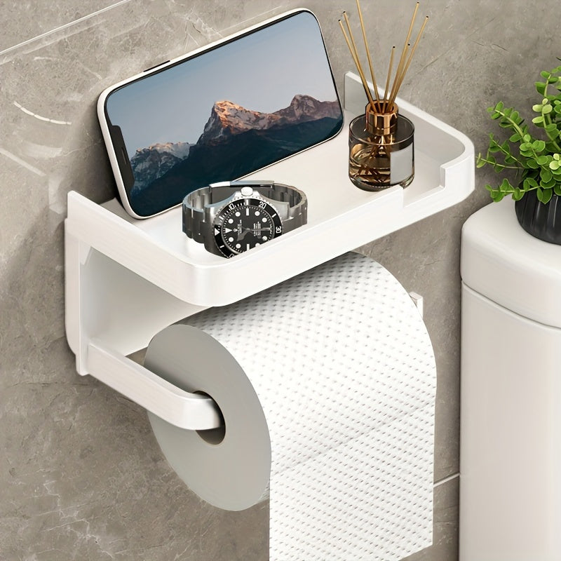 Self-adhesive toilet tissue holder with drawer for tissue and phone storage.