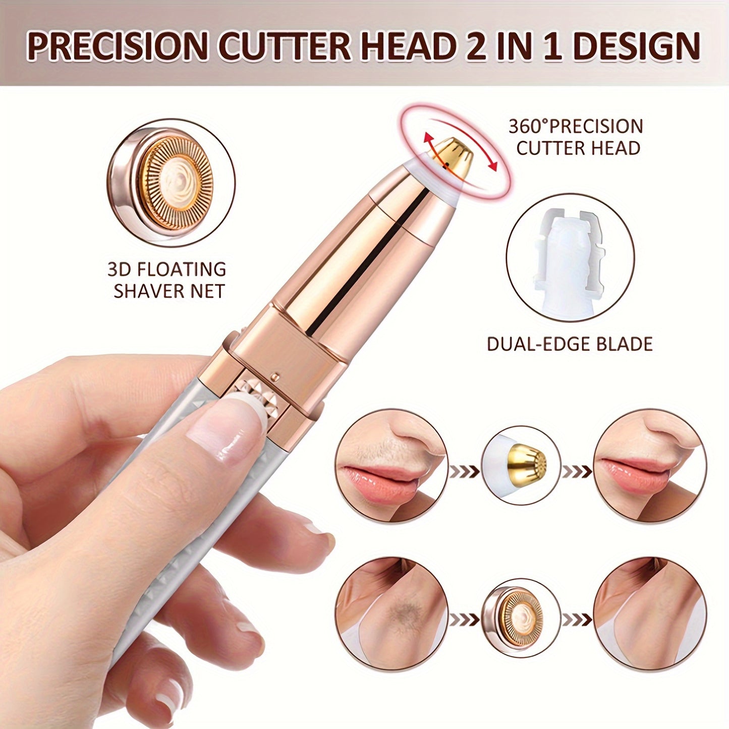 Lipstick-shaped hair remover, 2-in-1 facial hair and eyebrow epilator.