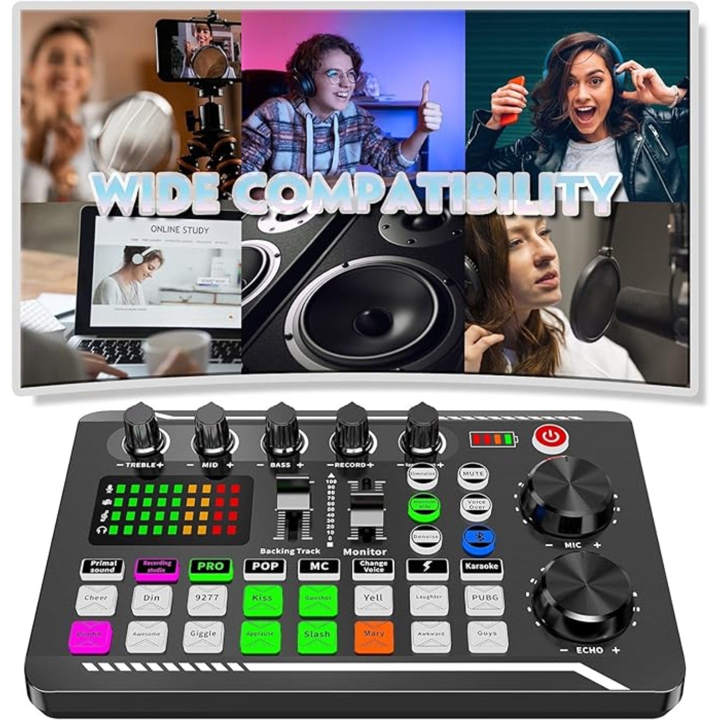 ROMOSON Professional Audio Mixer USB zaryadlash, DJ effektlari va ovoz o'zgartiruvchi, PC/Smartfon mosligi, ≤36V litiy batareyasi bilan