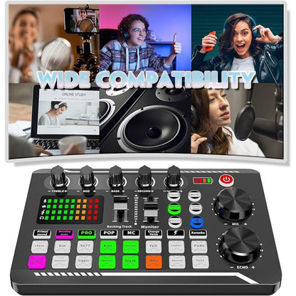 ROMOSON Professional Audio Mixer USB zaryadlash, DJ effektlari va ovoz o'zgartiruvchi, PC/Smartfon mosligi, ≤36V litiy batareyasi bilan