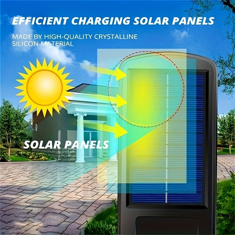 Remote-controlled solar security light for garden and patio, powered by solar panel.