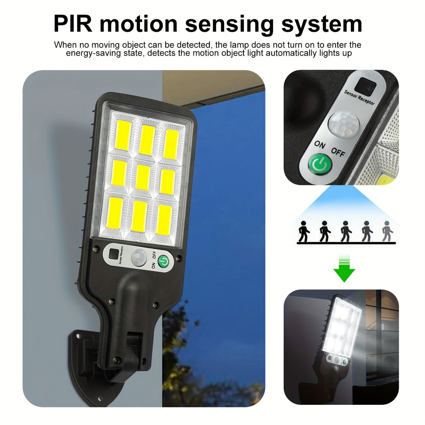 Solar-powered LED motion sensor security light with remote control for outdoor spaces, featuring energy efficiency and adjustable wall lighting. Made of durable plastic for easy