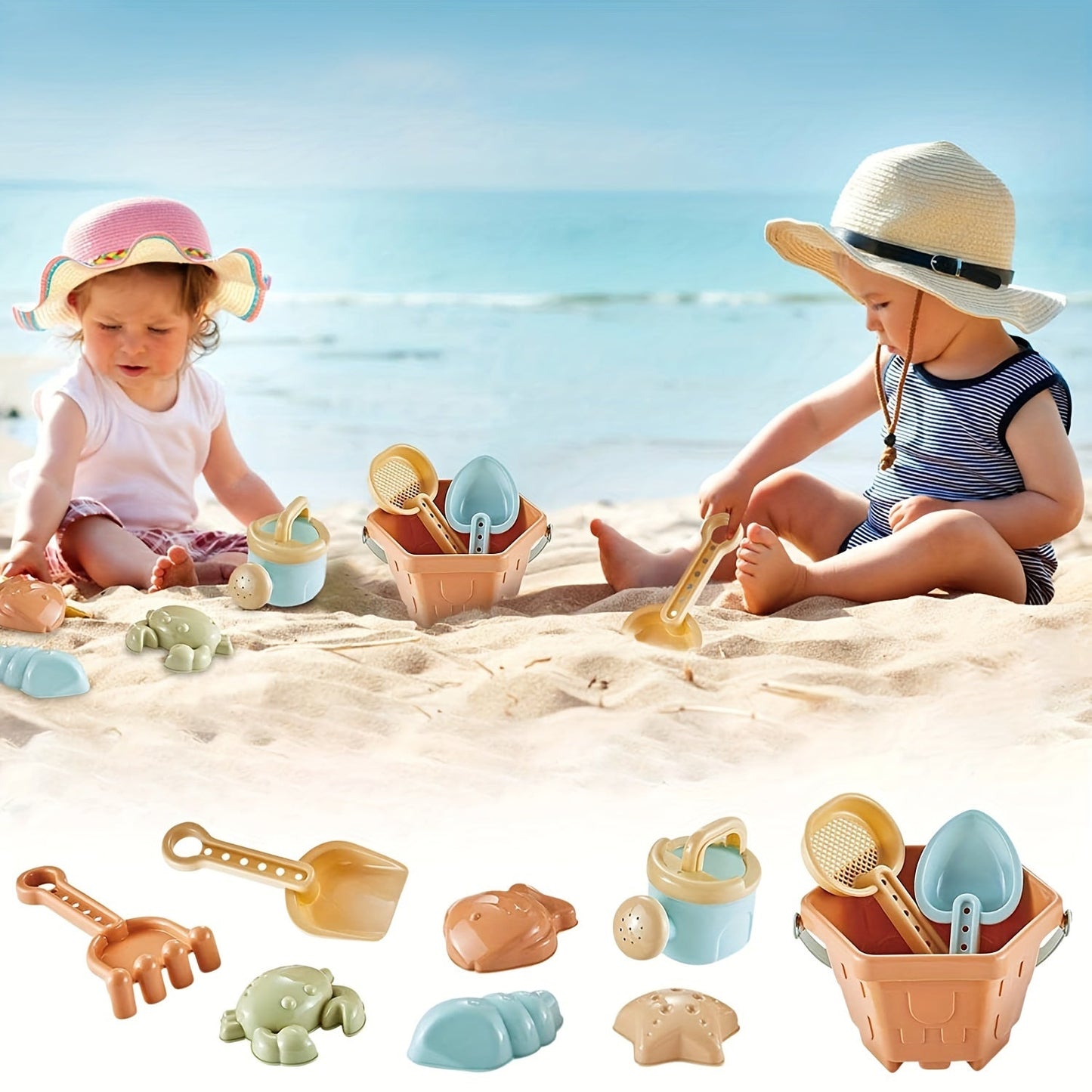 Dikopubby 10-Piece Beach Toy Set for Kids - Vibrant Sandbox Fun with Construction Trucks, Spade & Hourglass Timer