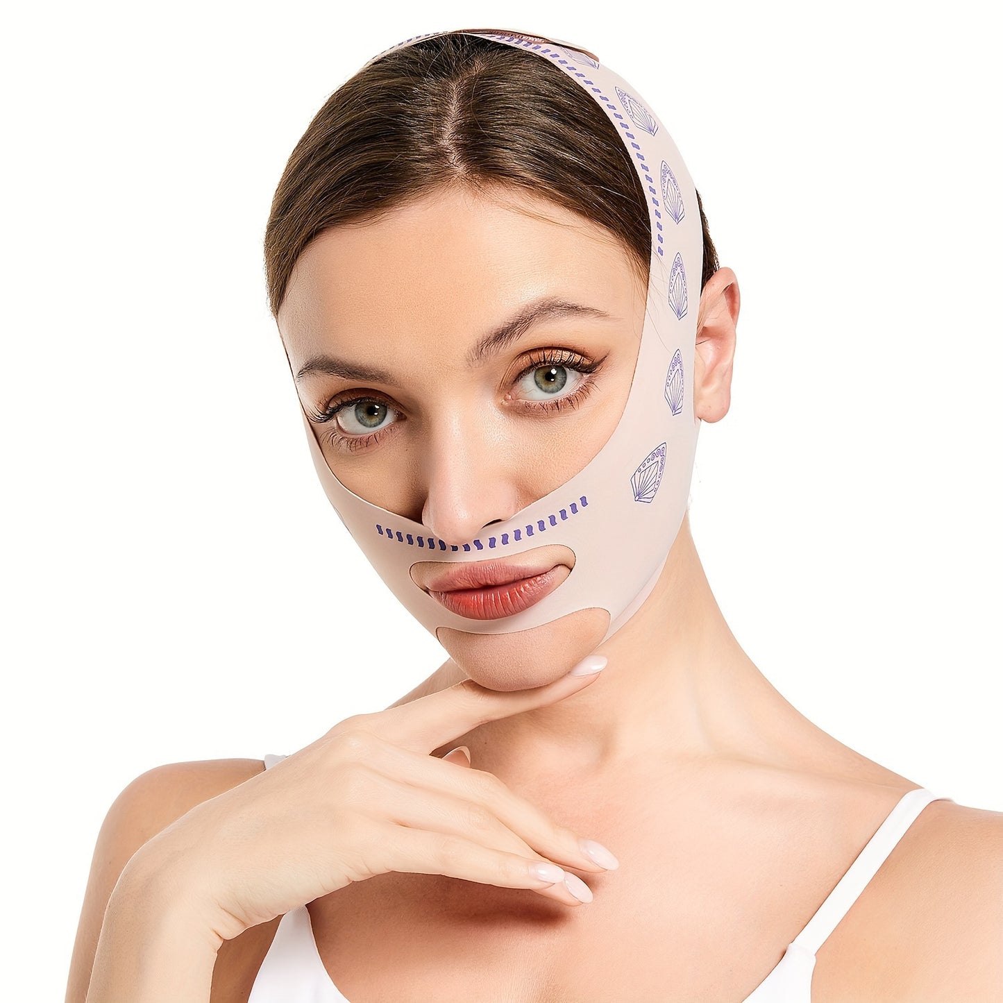 Face lifting strap reduces double chin, lifts sagging V faces for women with elastic, breathable material.