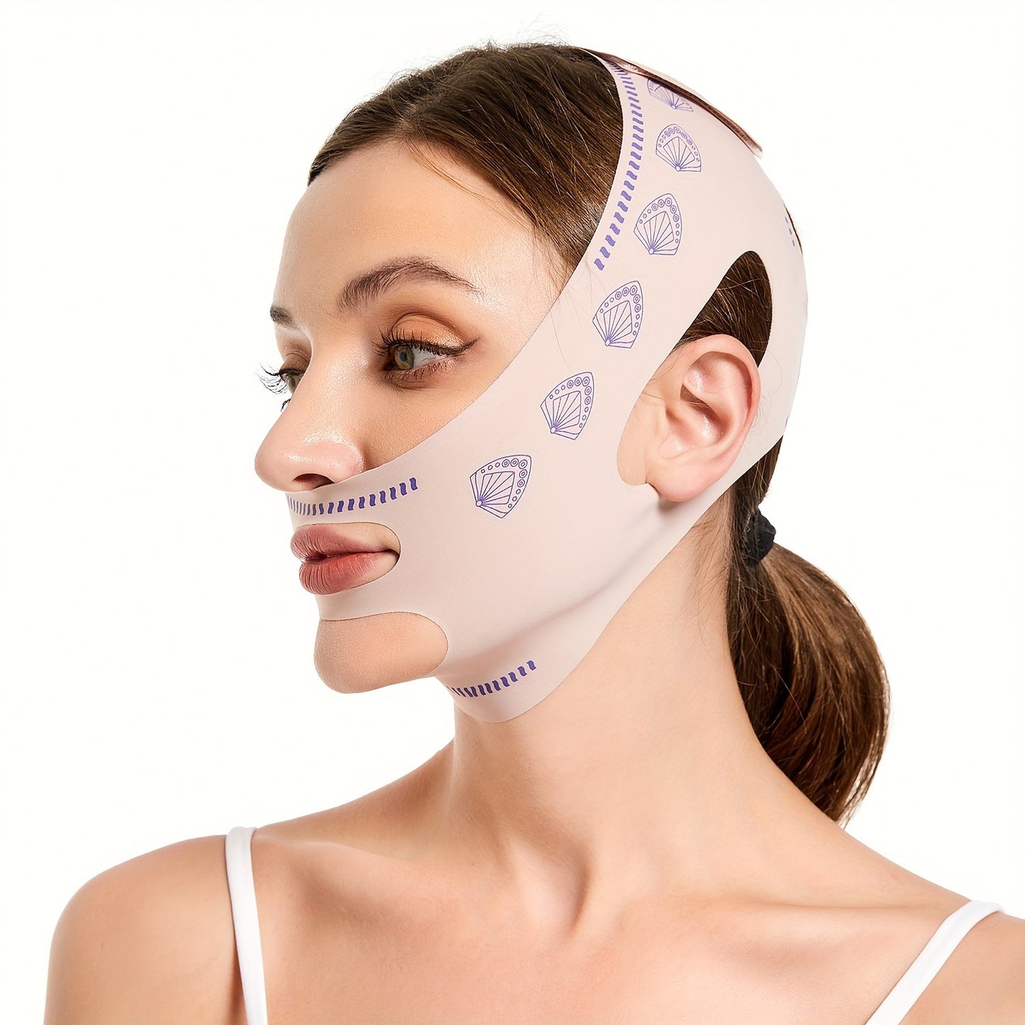 Face lifting strap reduces double chin, lifts sagging V faces for women with elastic, breathable material.