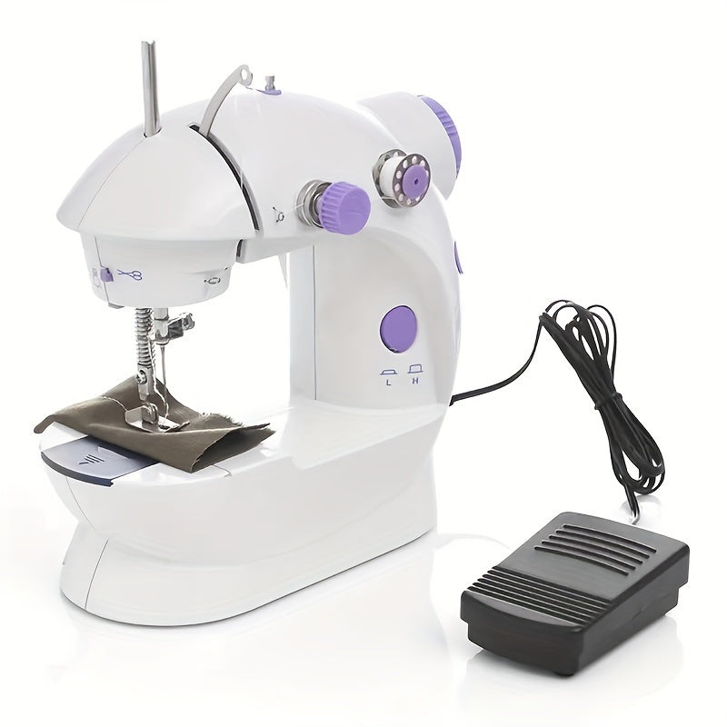 Mini electric sewing machine with dual power, automatic stitching, and white color.