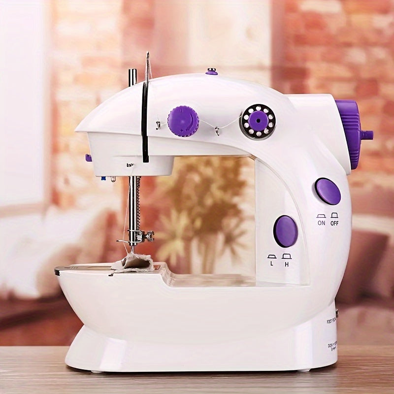 Mini electric sewing machine with dual power, automatic stitching, and white color.