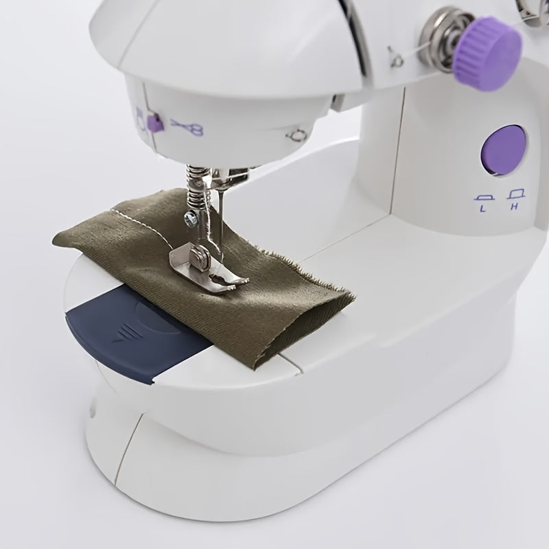 Mini electric sewing machine with dual power, automatic stitching, and white color.