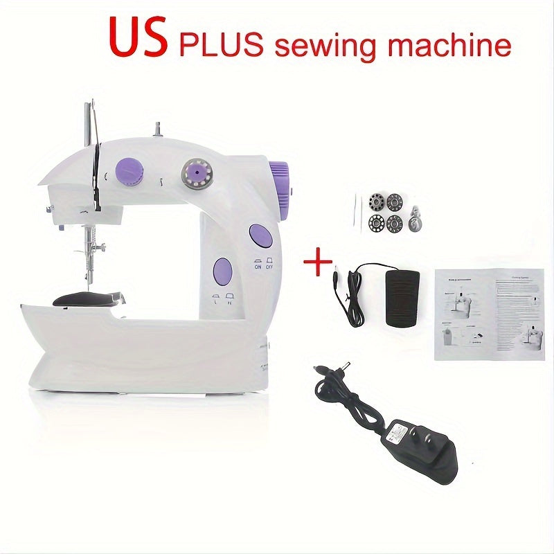 Mini electric sewing machine with dual power, automatic stitching, and white color.