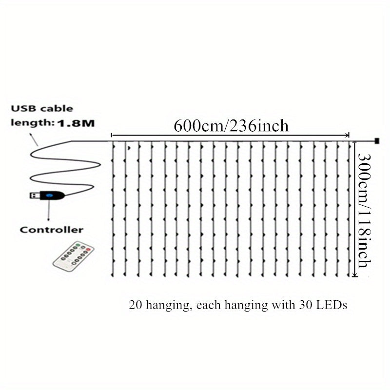 1 шт. HIUAN 600LED гирлянда в виде занавеса, 5,97 м x 298,7 см, работающая от USB, с дистанционным управлением, классическая желтая светодиодная гирлянда для различных мероприятий, декор для дома, батареи не требуются.