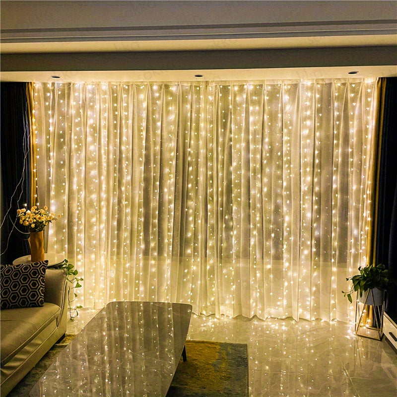 1pc HIUAN 600LED Fairy Curtain String Lights, 5.97m x 298.7cm, USB Powered, Remote Controlled, Classic Yellow LED Garland for Various Occasions, Home Decor, No Batteries Needed.