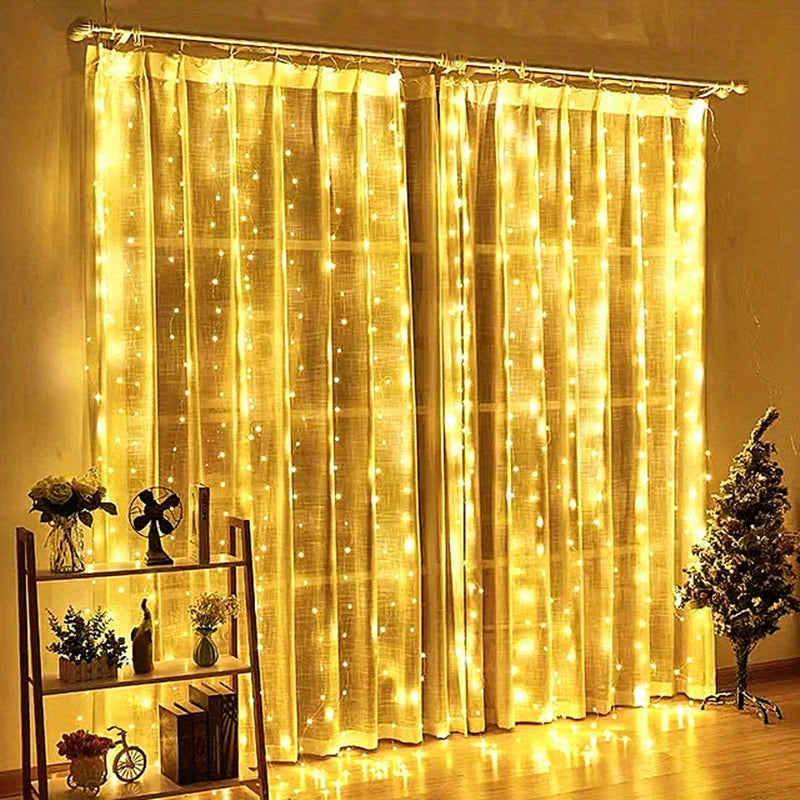 1pc HIUAN 600LED Fairy Curtain String Lights, 5.97m x 298.7cm, USB Powered, Remote Controlled, Classic Yellow LED Garland for Various Occasions, Home Decor, No Batteries Needed.