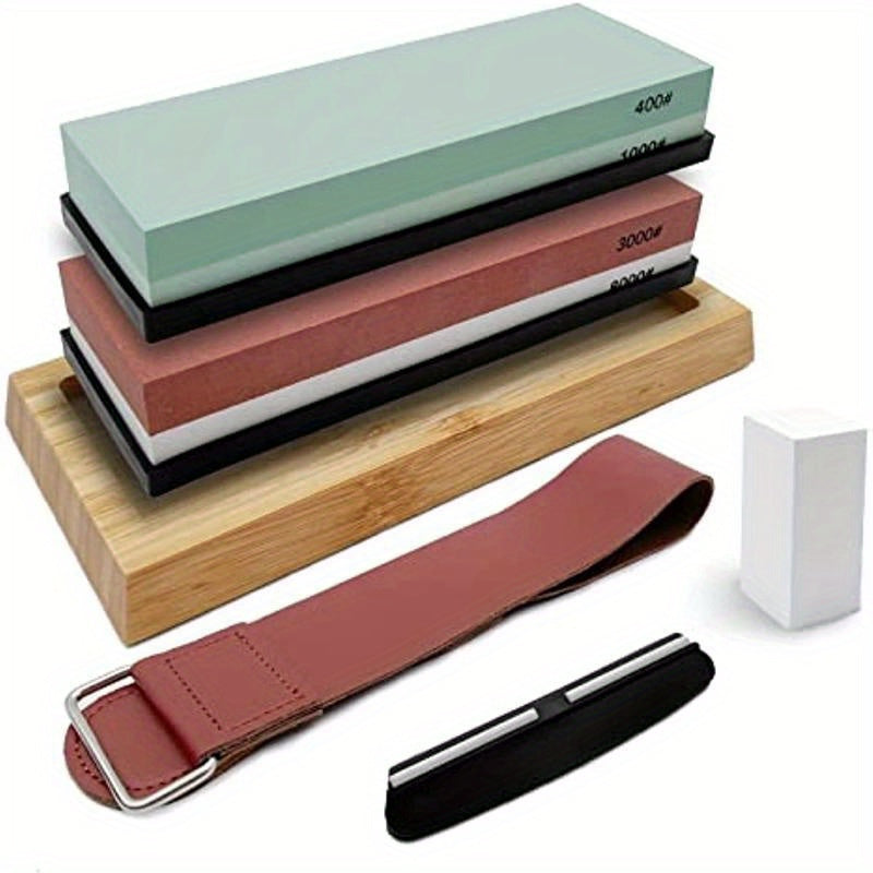 Set of 9 Kitchen Knife Sharpening Stones including a Knife Sharpening Kit, Wet Stones with 400/1000 and 3000/8000 Grit, Flattening Stone, Angle Guide, Leather Strop, Knife Sharpeners, Sharpening Tools, Essential Kitchen Supplies.