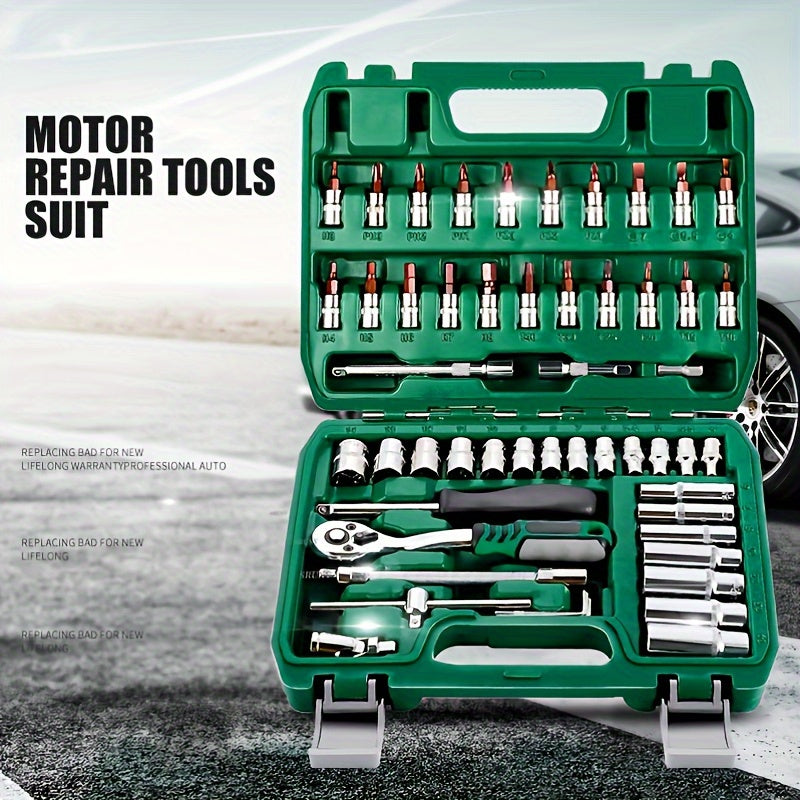 46-piece set includes 1/4" Drive Metal Socket and Ratchet Wrench with Metric Bit Socket, Extension Bar, and Storage Case for Auto Repair and Household use.