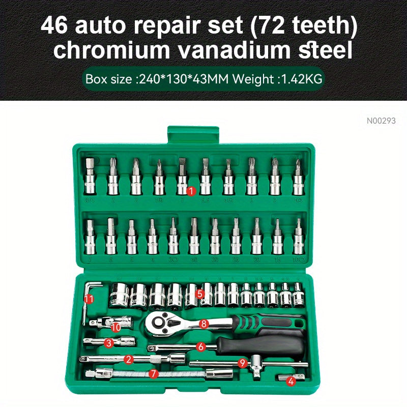 46-piece set includes 1/4" Drive Metal Socket and Ratchet Wrench with Metric Bit Socket, Extension Bar, and Storage Case for Auto Repair and Household use.