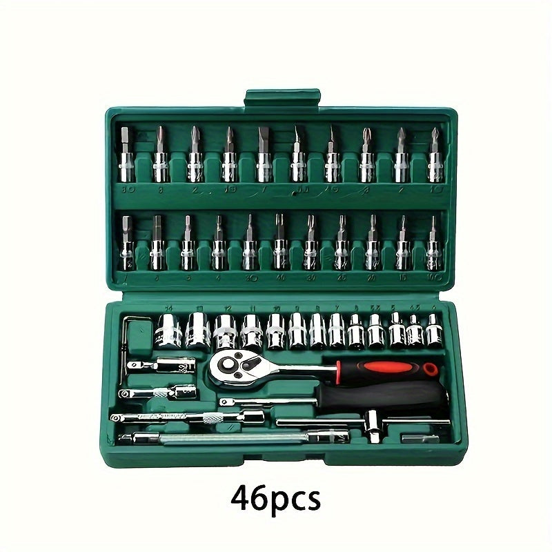 46-piece set includes 1/4" Drive Metal Socket and Ratchet Wrench with Metric Bit Socket, Extension Bar, and Storage Case for Auto Repair and Household use.