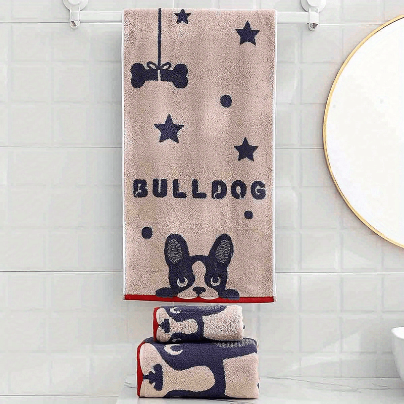 Bulldog Pattern Towel Set: 1 Bath Towel & 1 Hand Towel, Soft and Absorbent Cotton Towels for Bathroom"