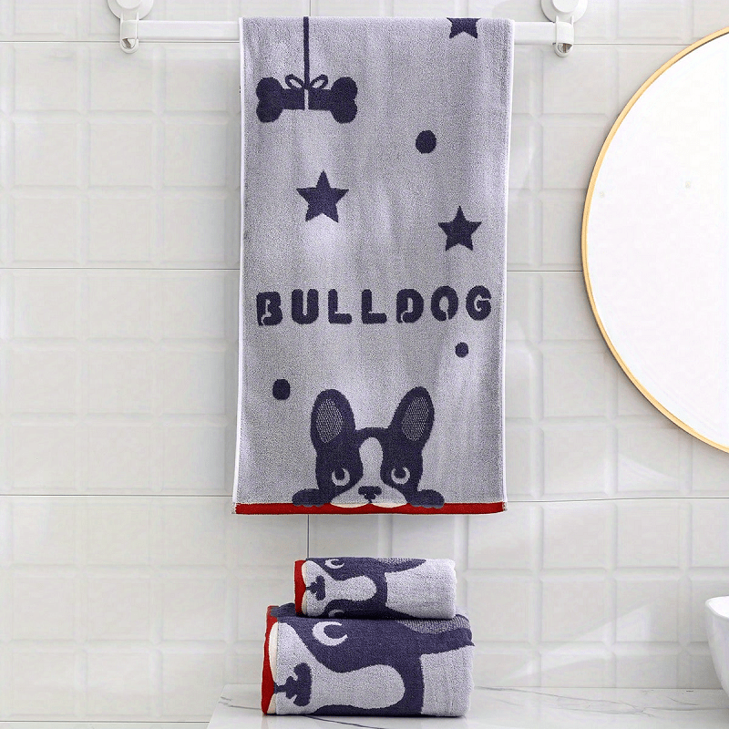 Bulldog Pattern Towel Set: 1 Bath Towel & 1 Hand Towel, Soft and Absorbent Cotton Towels for Bathroom"