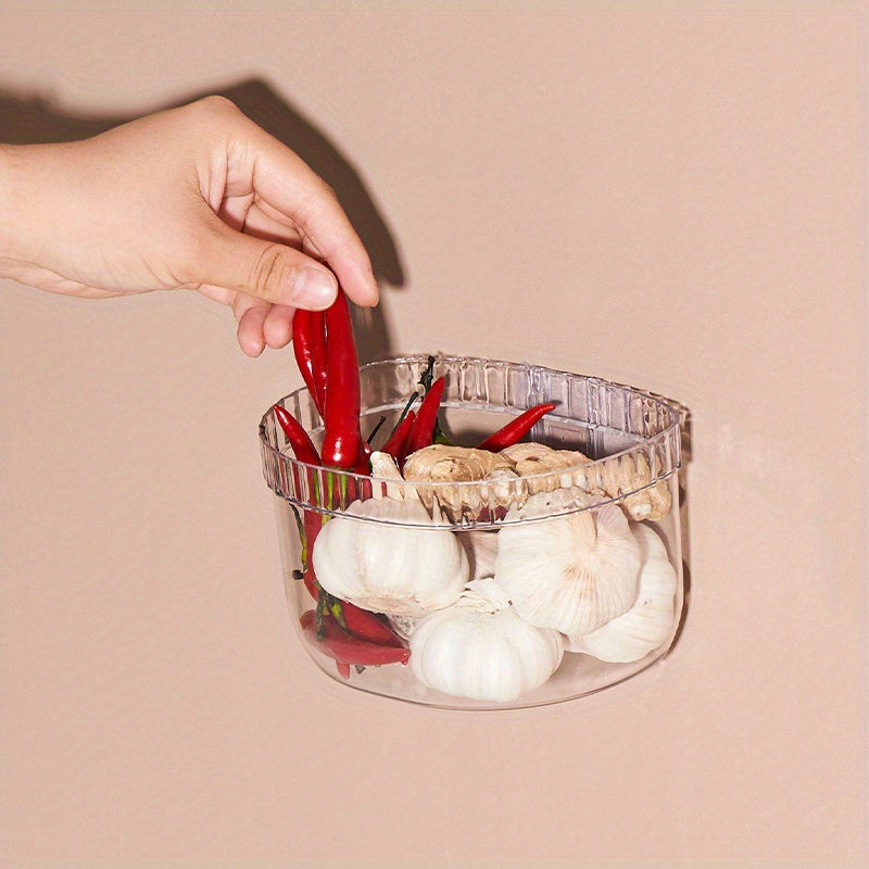 Simple installation wall-mounted kitchen organizer - No drilling required hanging basket for storage of spices, onions, ginger, and garlic.