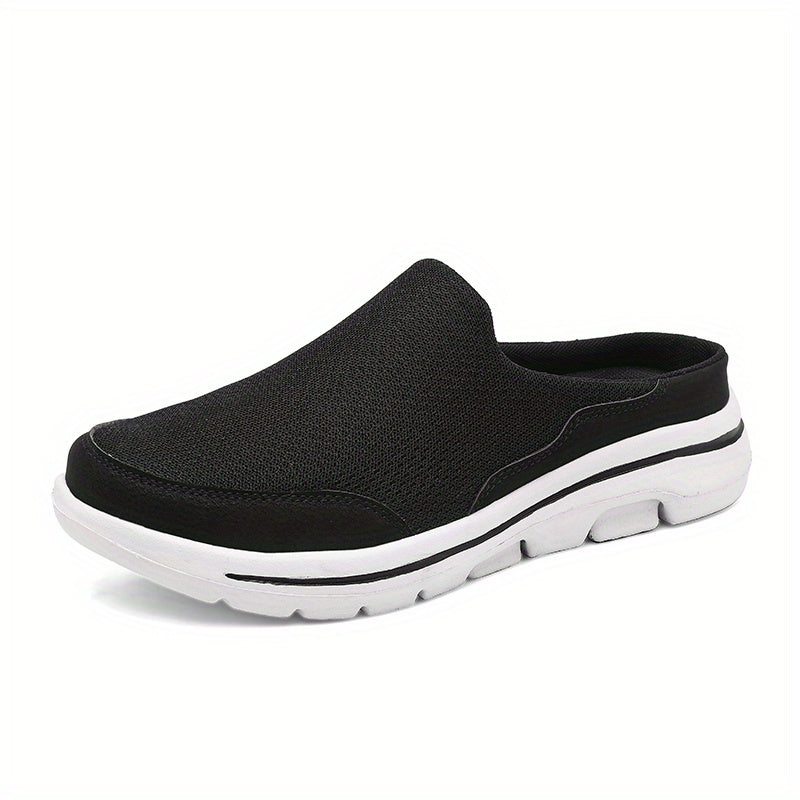 Breathable men's mules in black and white with cushioned insole for comfortable walking.