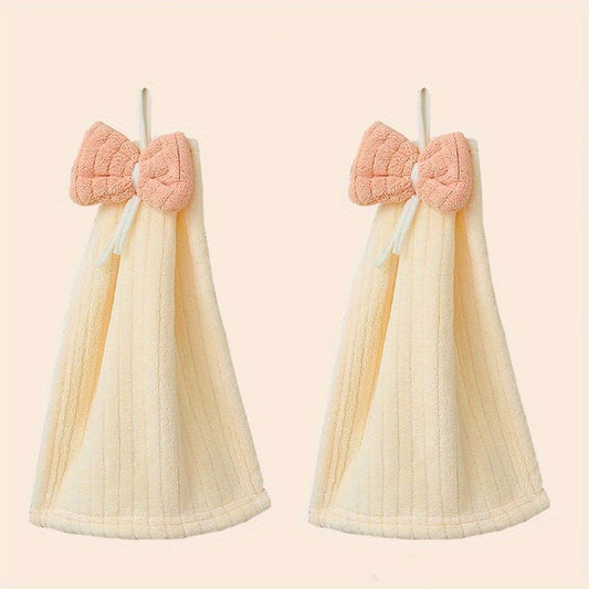 2pc Ultra-Soft Microfiber Hand Towels: Hangable, Absorbent, Pastel Colors with Decorative Bow, Ideal for Kitchen & Bathroom