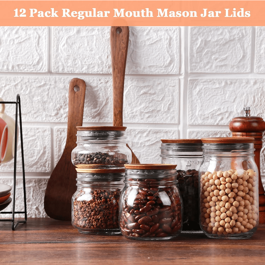 Pack of 12 Regular Mouth Wooden Storage Lids for Ball jars. Features a smooth surface and airtight silicone seal in brown color, designed to prevent hand damage.