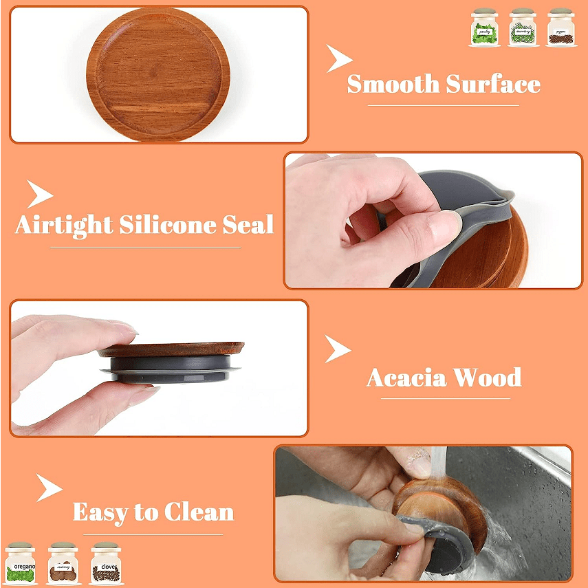 Pack of 12 Regular Mouth Wooden Storage Lids for Ball jars. Features a smooth surface and airtight silicone seal in brown color, designed to prevent hand damage.